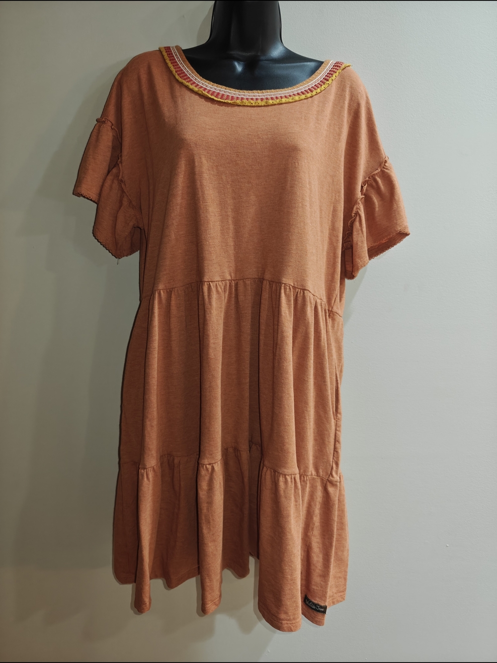 Matilda Jane Tiered Mini Dress in Rust Orange with Embroidered Neckline